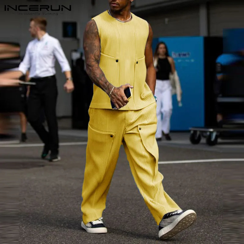 INCERUN 2024 American Fashion Mens Knitted Pit Striped O-Neck Vest Casual Street Set Two Piece S-2XL240806