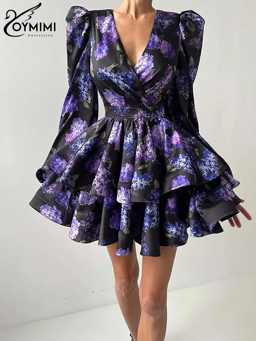 Oymimi Fashion Black Imprimerie femme Robe élégante en V V-collier à manches longues à manches A-Line Robes printemps hautes Mini robe plissée 24