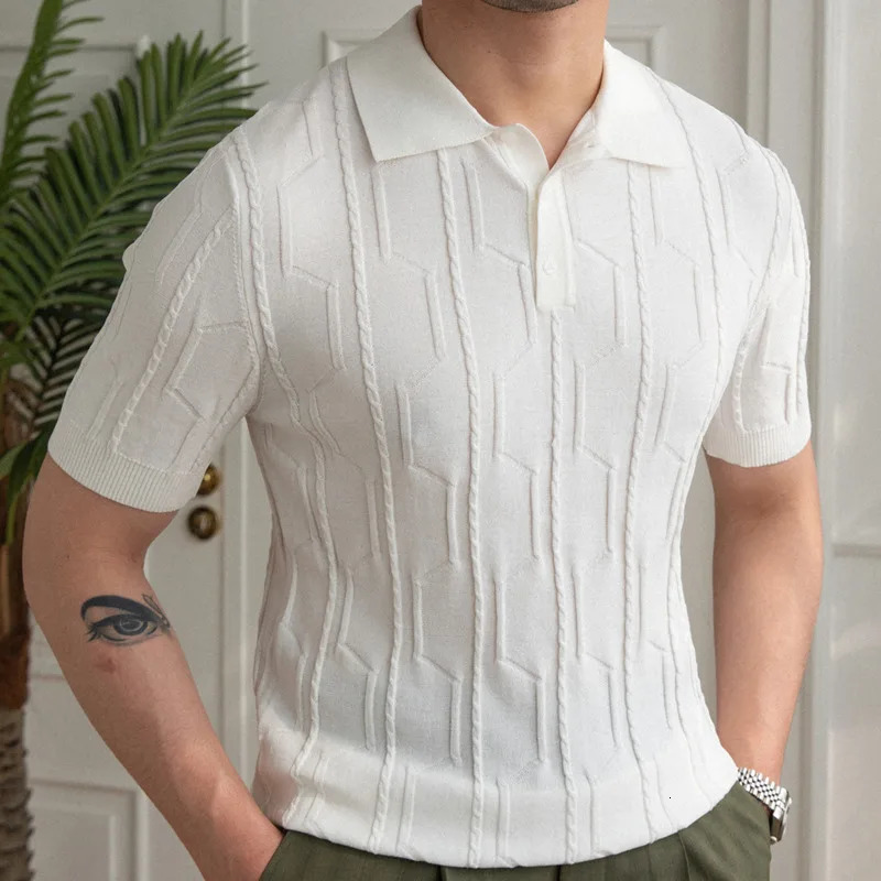 British ultra-thin lapel knitted striped casual polo shirt summer jacquard lapel collar mens solid color short sleeved T-shirt240807