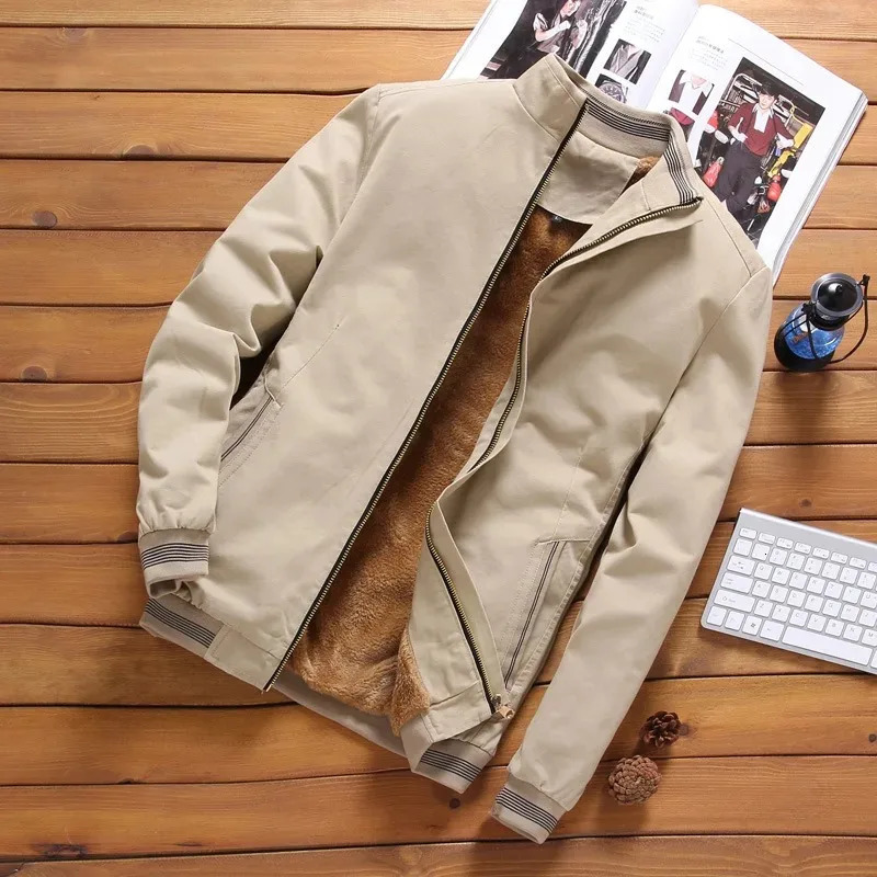 2024 Mens Fashion Warm and Windproof Cushion Thick Solid Color Zipper Jacket Large Collar Casual Mens Wear 240821
