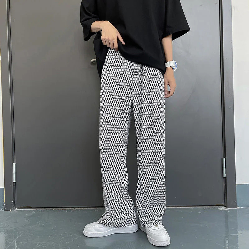 Summer pleated pants mens fashionable casual plain streetwear loose straight ice silk plus size 240807