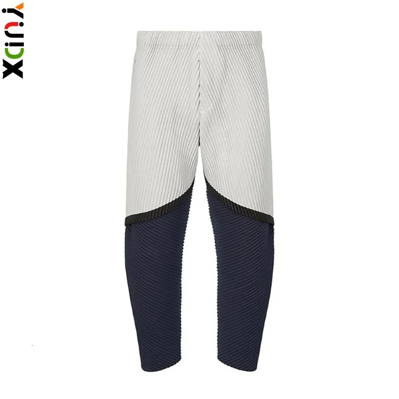 Miyake pleated autumn mens casual pants with high elasticity sporty and feet colorful crop Japanese streetwear 2023 240807