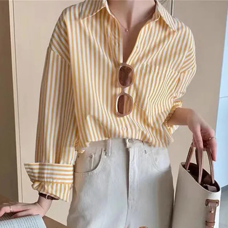 Chemises rayées Femmes Y2K Vintage Streetwear à manches longues Tops Office de mode coréen Ladies élégantes Blouse décontractée lâche 240807