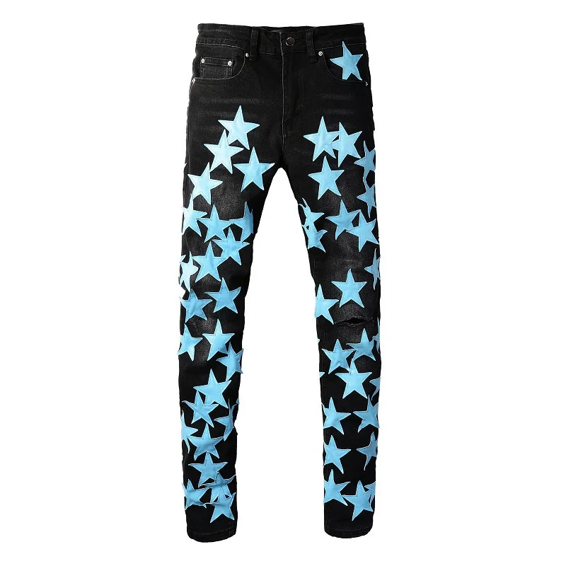 Hommes Sky Blue en cuir étoiles Patches Jeans Streetwear Noir Stretch Denim Skinny Pantalons effilés trous pantalon déchiré 240806