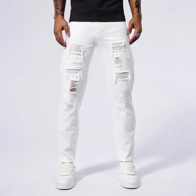 Elastic rhinestone white jeans mens clothing 98% pure cotton tear ultra-thin fashion small foot hip-hop mens denim street clothing240806