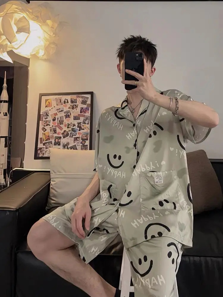 Mens ice silk pajamas short sleeved top cardigan wool sweater twopiece set summer casual wear 240806