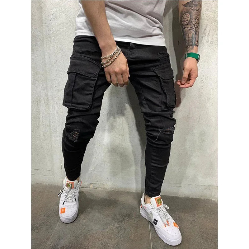 Mens fashionable jeans ultra-thin fit solid color with multiple pockets black Trousers denim casual pencil jogging cargo pants S-3XL240806