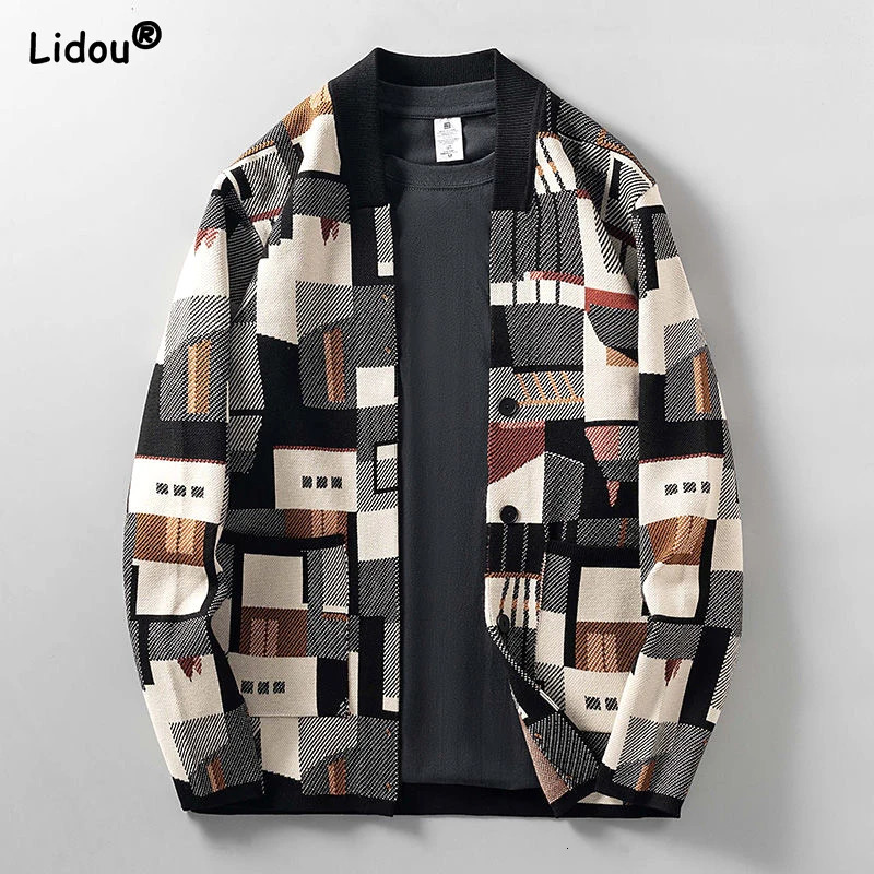 spring/summer fashion trend mens V-neck geometric oil painting jacquard loose casual oversized knitted cardigan240806
