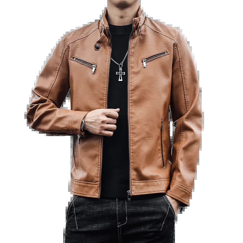 PU leather jacket 2024 winter mens leather jacket bicycle jacket Korean ultra-thin slim fit side zipper leather jacket240807