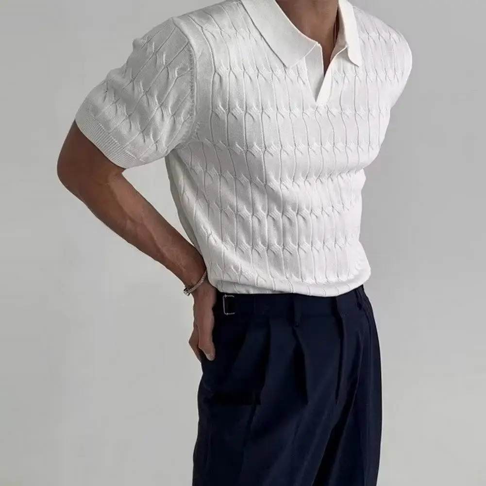 Mens Jacquard Knitted Top Fashion Mens V-neck Jacquard Knitted Shirt Business Casual Wear Short Sleeve Loose Fit Medium length Top240807