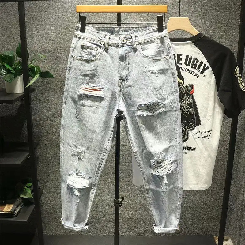 Open collar mens jeans vintage clothing patch hole beggar pants jeans loose light 90s streetwear retro Trouser240806
