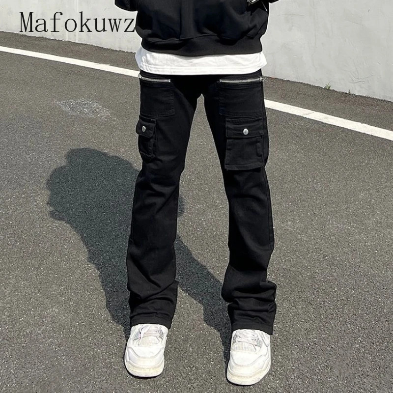 American style zipper flange jeans mens multi pocket straight loose casual street top mens Trouser mens clothing240806