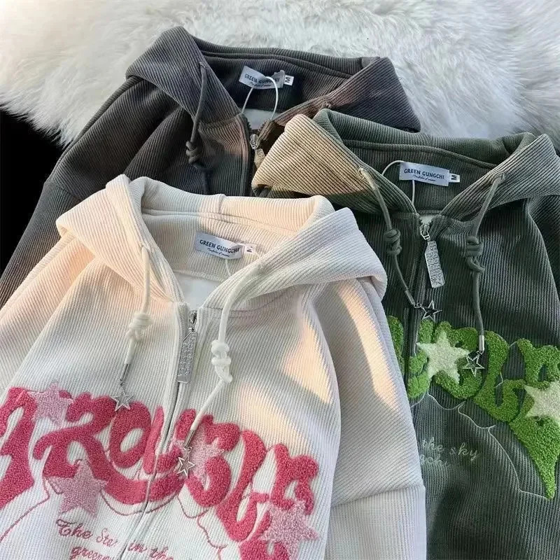 Women Letter Printed Hoodies Autumn Vintage Zip Up Loose Hooded Sweatshirts Harajuku Y2K Long Sleeve Jacket Clothes 240807