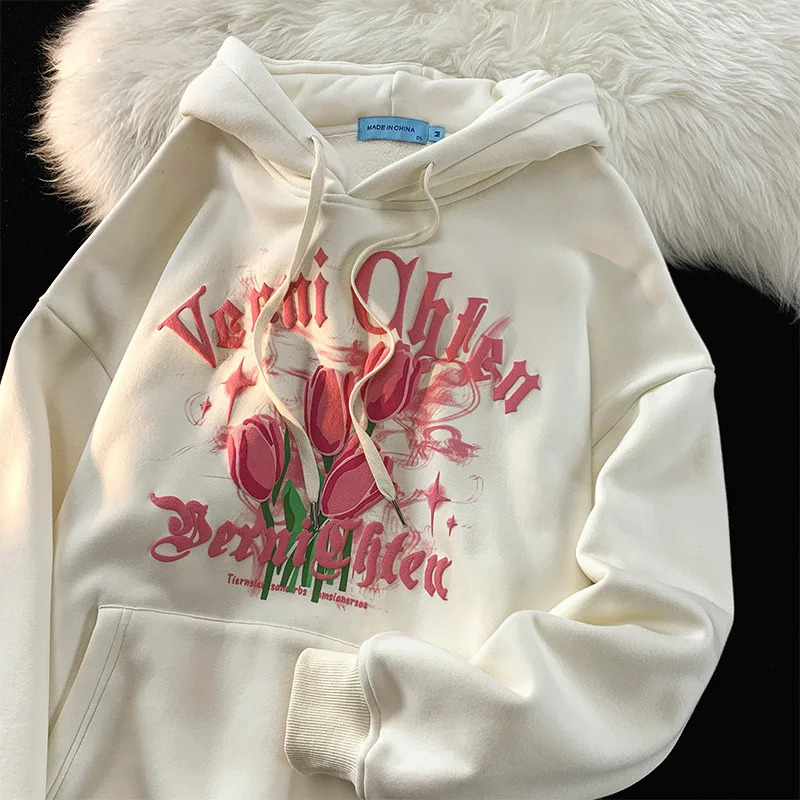 Tops Sweat-shirt d'automne Sweat à sweat Femme en tulipe Fleur à capuche Pull Femme Printemps et automne veste coréenne en vrac en vrac 240807