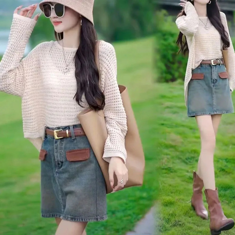 Costume de mode printemps à manches longues Hollow Out loisir Fiding Color Colors Tops coréen Vintage A-Line Jupe Two Piece Set 240807