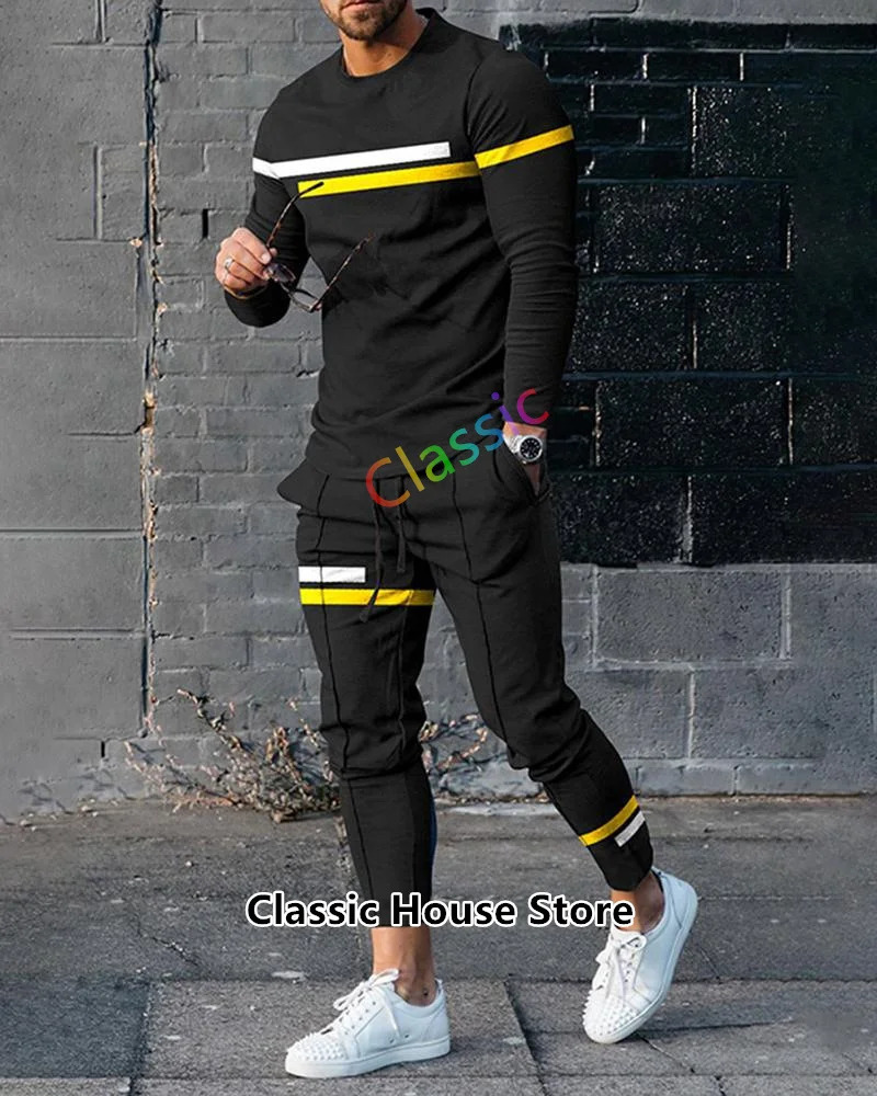Autumn Fashion Mens Sets Long Sleeves T-shirtTrousers O-Neck Sweatshirt Casual Suit Jogger Sportswear 2 Piece Men Clothing 240806