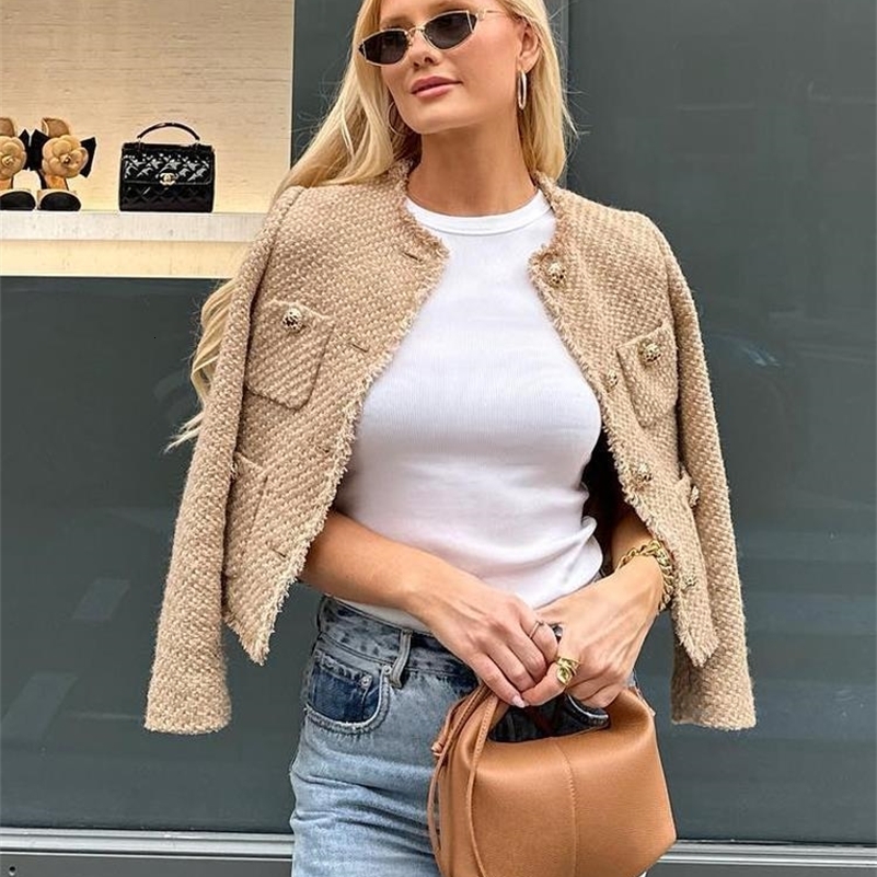 Fashion O-neck Pockets Short Coats For Women Autumn Long Sleeve Single Breasted Tweed Jacket Chic Cropped Coats Female 240806