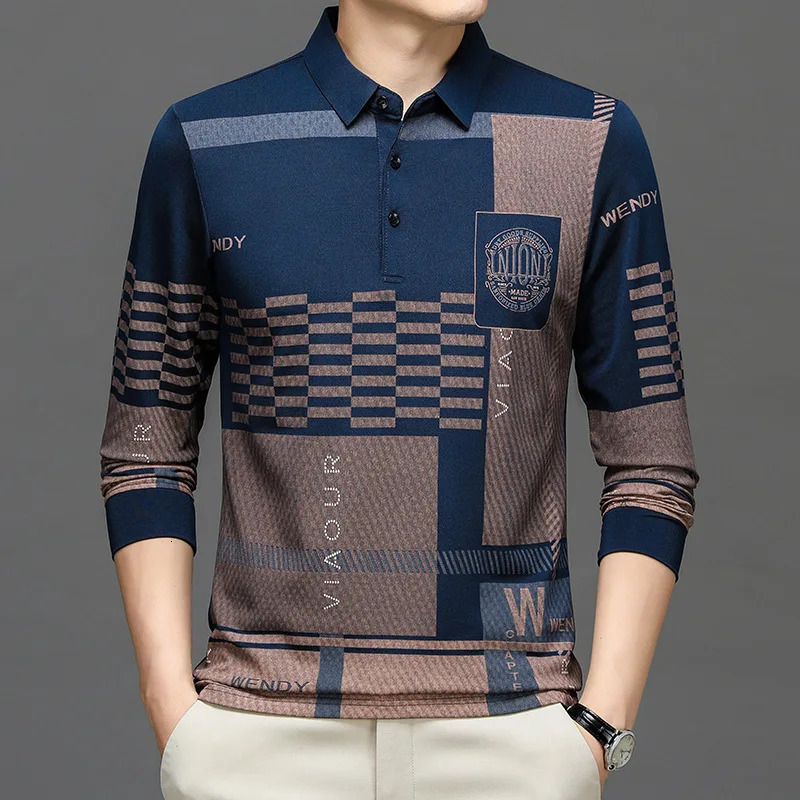 Autumn and Winter Mens Tshirt Long Sleeve Zipper Letter Printed Button Striped Polo Collar Top 240807