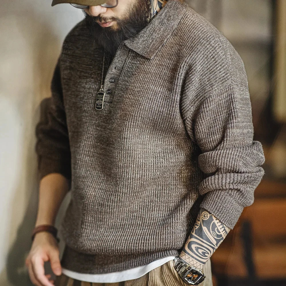 Madden vintage knitted polo shirt loose coffee colored lapel sweater autumn mens style Uncle Fu parachuting casual knitting 240807