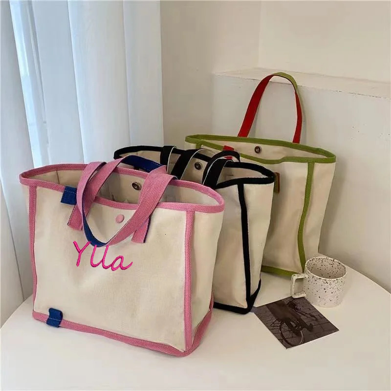 Personalized Name Fashion Contrast Canvas Bag Ladies Handbag Monogrammed Custom Embroidery Art Canvas Shopping Shoulder Bag 240807