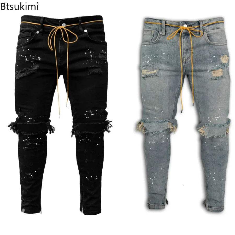 2024 Jeans de trou déchiré pour hommes pantalons de cargaison hip-hop jeans en denim en détresse