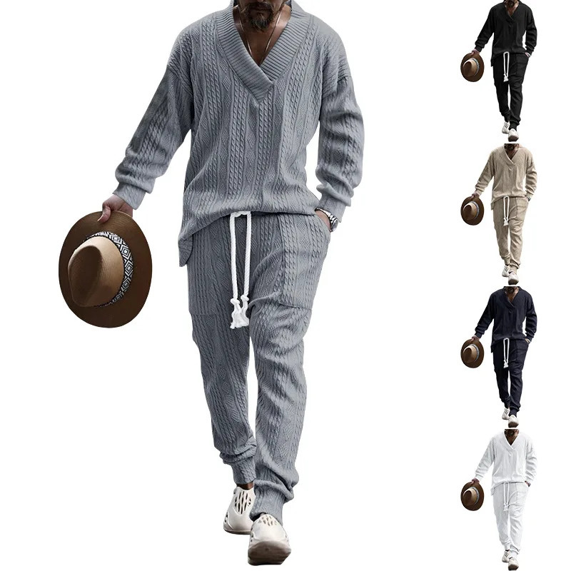 Mens beach set quick drying Hawaiian casual pants V-neck fully matched jacquard knitted mens set solid color long sleeved toppants240806