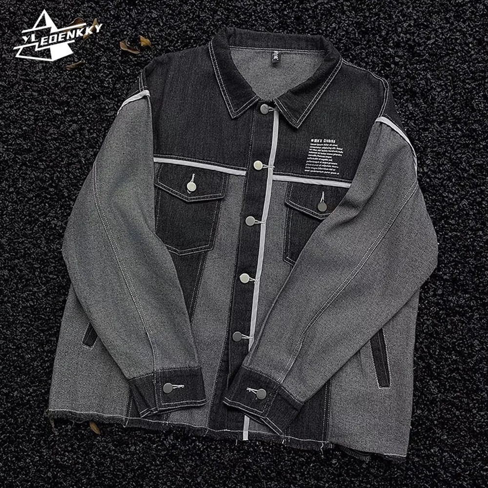 Commodity denim jacket mens and womens Korean style high street thin loose retro splicing work casual couple jeans top 240806