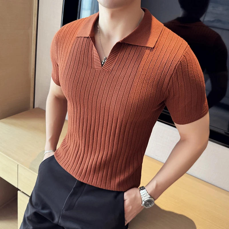 2024 Summer Striped V-neck Knitted Polo Shirt Fashion Mens Short Sleeve Thin Breathable Casual Social T-shirt 4XL-M240807