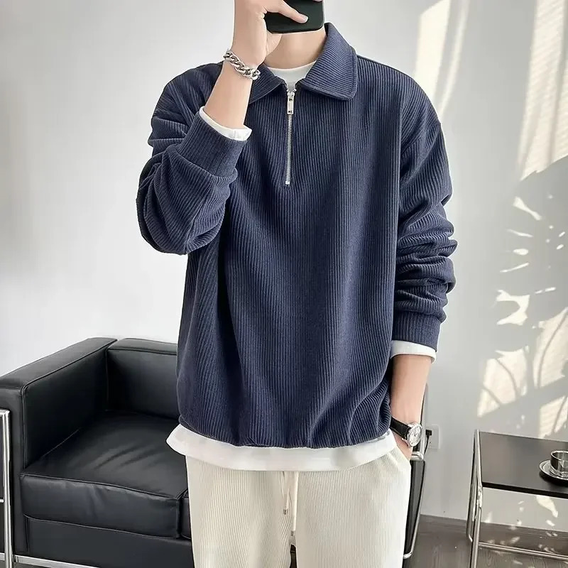 Fashionable autumn casual sweater mens lapel zipper striped knitted polo collar long sleeved solid color warm drawstring 240807