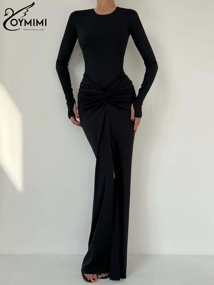 Oymimi Elegant Black O-Neck Dresses For Women Fashion Slim Long Sleeve Solid Dresses Casual Slit Ankle-Length Skirts Sets 240807