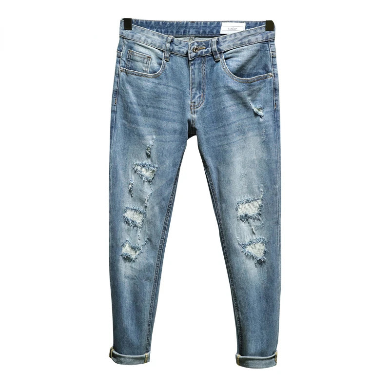 Jeans déchirés pour hommes minces droite réguliers stretch stretch bleu clair en détresse patchwork déchiré du pantalon de jean mâle détruit 2408