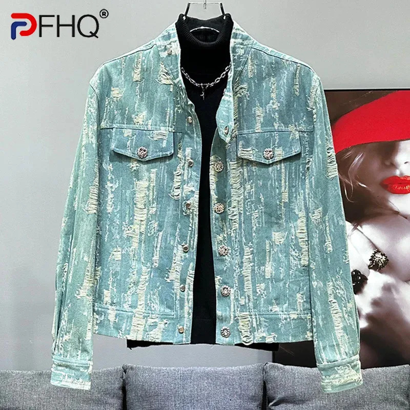 PFHQ High Street Mens Denim Jacket Trendy Wash Matte Personalized Perforated Short Coat Summer Wear resistant 21Z4470 240806