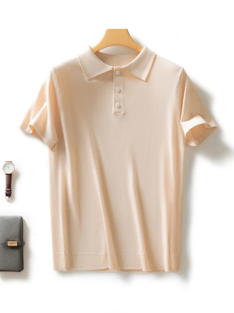 Mens polo Tshirt spring summer thin soft short sleeved pullover sweater 30 Merino wool knitted basic casual clothing top 240807