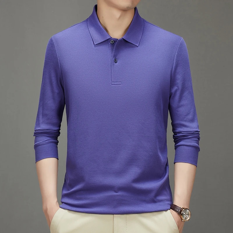 Business casual solid color mens long sleeved polo shirt comfortable daily leisure stretchable autumn cotton Tshirt 240807