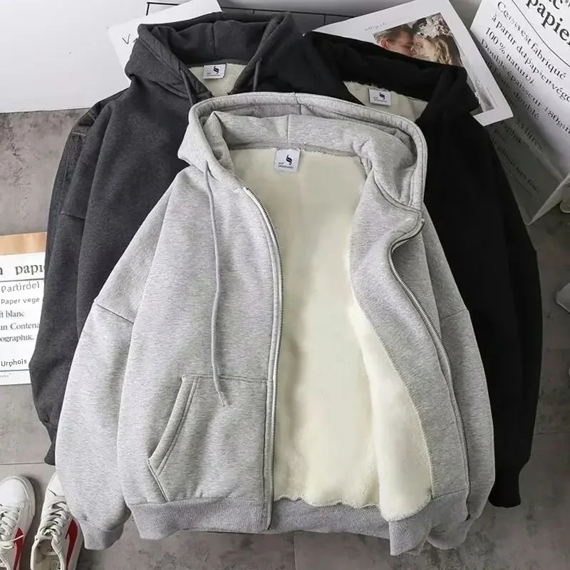 Wool lined thick sweatshirt hooded sweatshirt zipper warm loose top suitable for winter cardigans for men and women couples240806