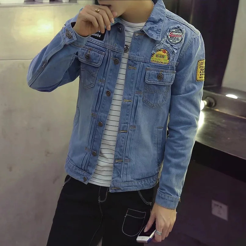 Tear open mens denim jacket ultrathin fashion badge jeans full matching streetwear 2023 spring 240806