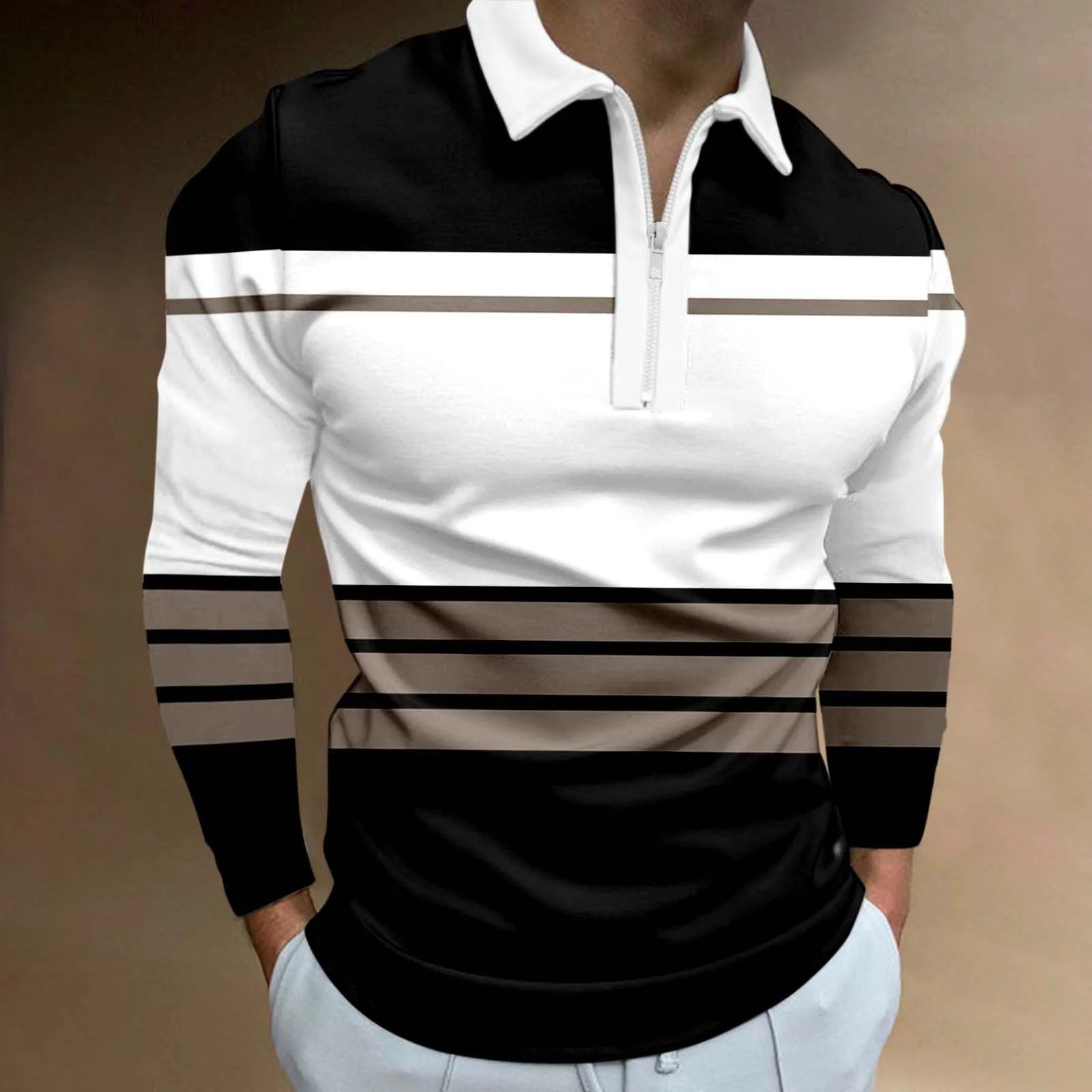 Mens striped polo shirt long sleeved zipper lapel ultrathin fitness Tshirt Harajuku business office work top 240807