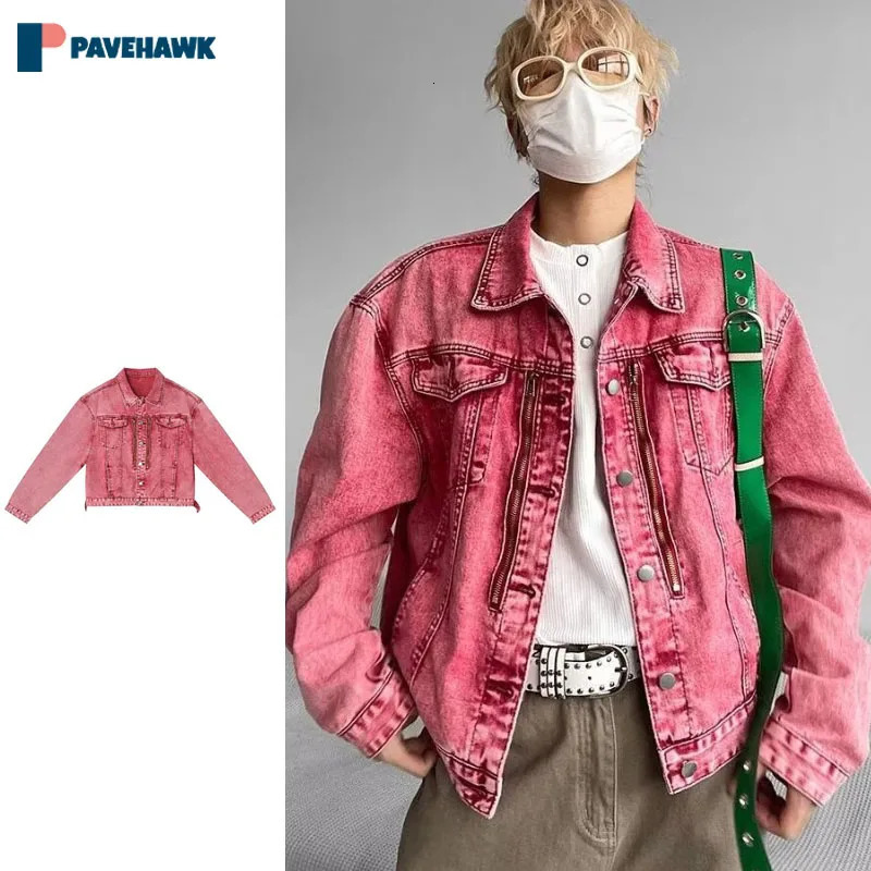 Retro mens short denim jacket loose autumn collar pink washed Distress Y2k Japanese Harajuku cargo 240806