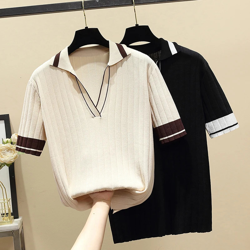Pull tricoté d'été pour femmes, t-shirt fendu de base, décontracté, à la mode, haut à manches courtes, col Polo, 240807