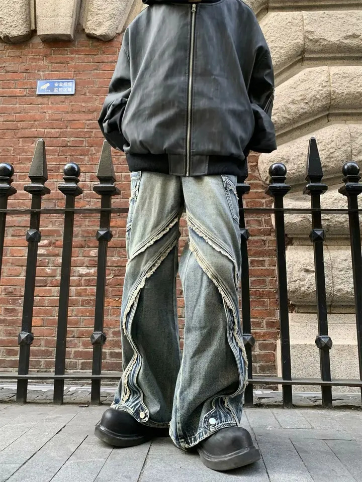 Oversized jeans mens style raw edge wash black clothes Y2K punk American street rock retro high waist wide leg 240806