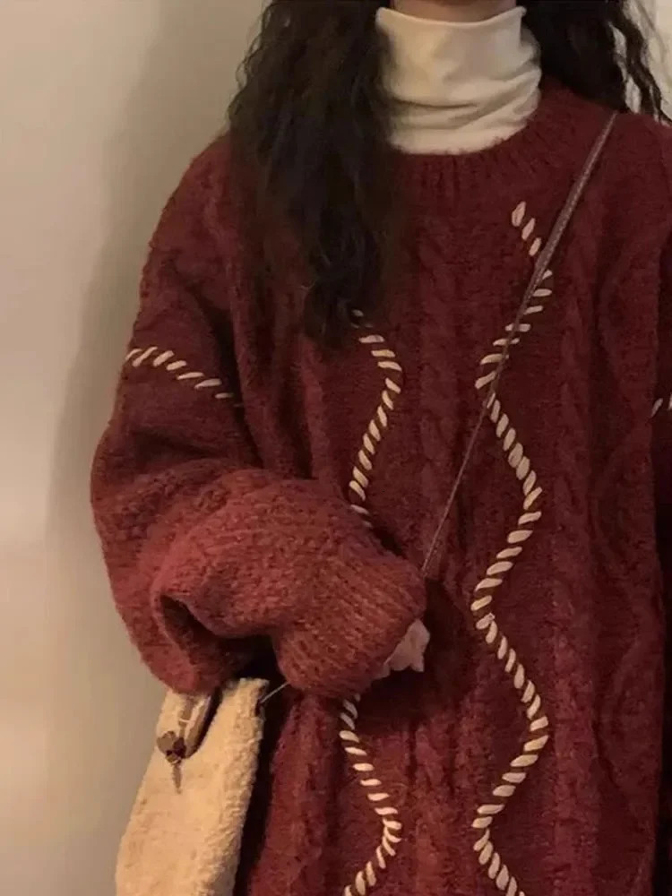 Pull de noël rouge pour femmes, pull tricoté, Harajuku des années 90, Y2k, manches longues, col rond, hauts courts, vêtements Vintage des années