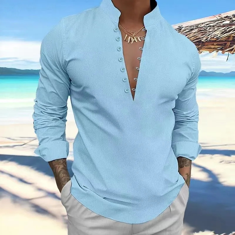 Mens standing collar long sleeved casual polo shirt special buttons European and American fashion 240807