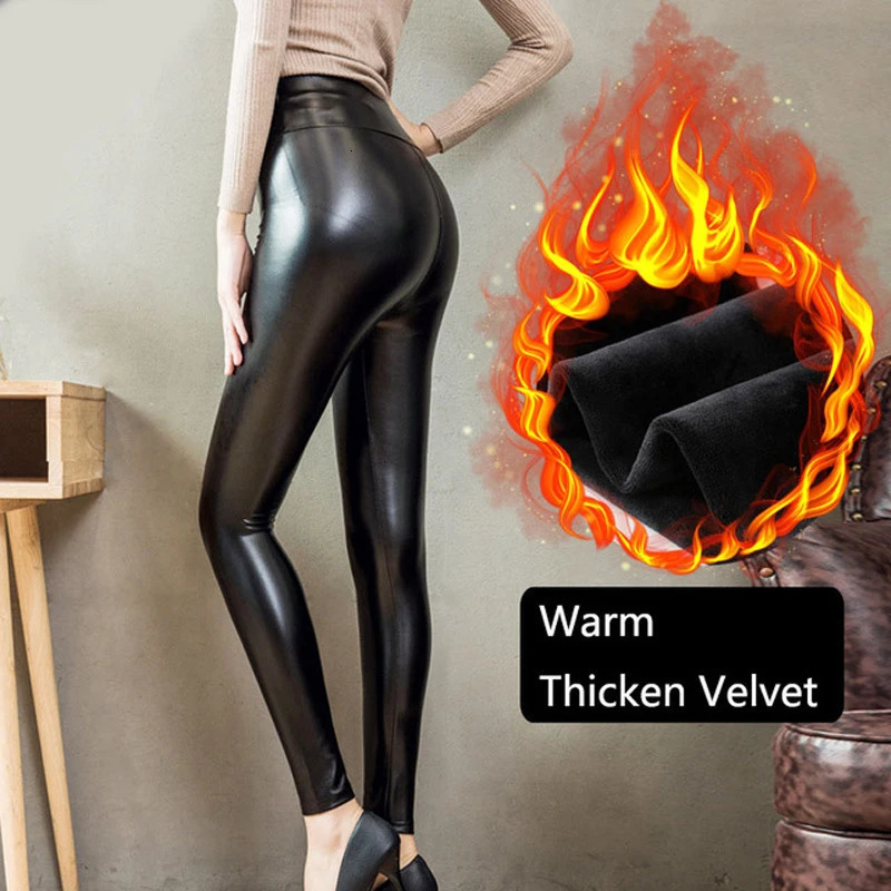 Qisin Plus Size Winter PU Leather Leggings Women Thickened Warm Legging High Waist Leggings Black Leather Pants Women 240807