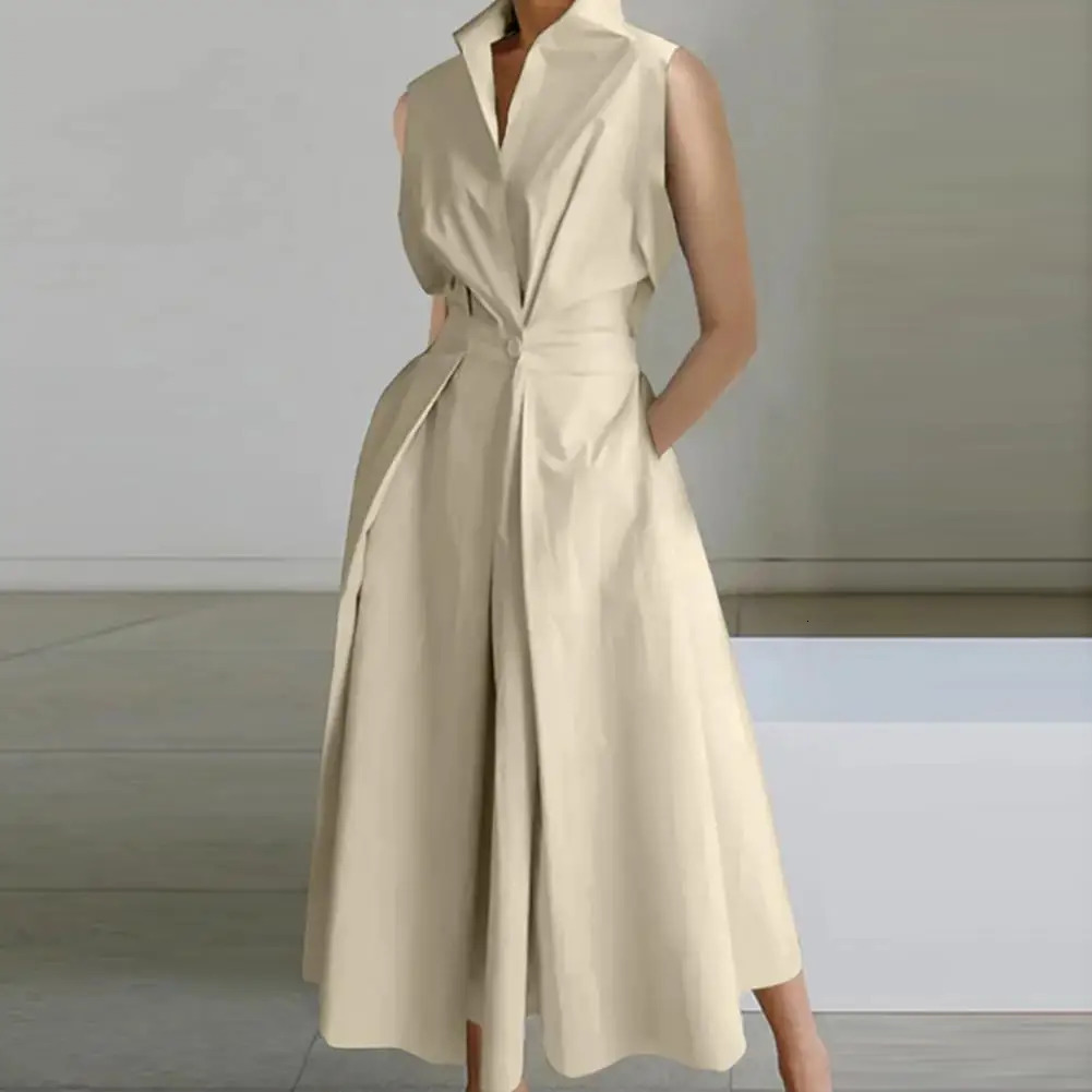 Femmes à revers Robe Robe de plage Robe de fête élégante Robe midi A-line avec bouton de revers Détail haut taille pour les femmes 240807