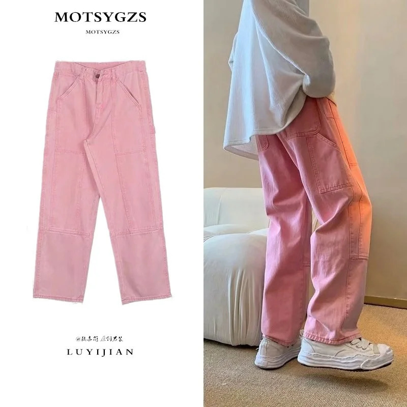 Summer Pink Jeans Mens Fashion Retro Pocket Goods Jeans Mens Street Clothing Hip Hop Loose Straight Jeans Mens Trousers S-3XL240806