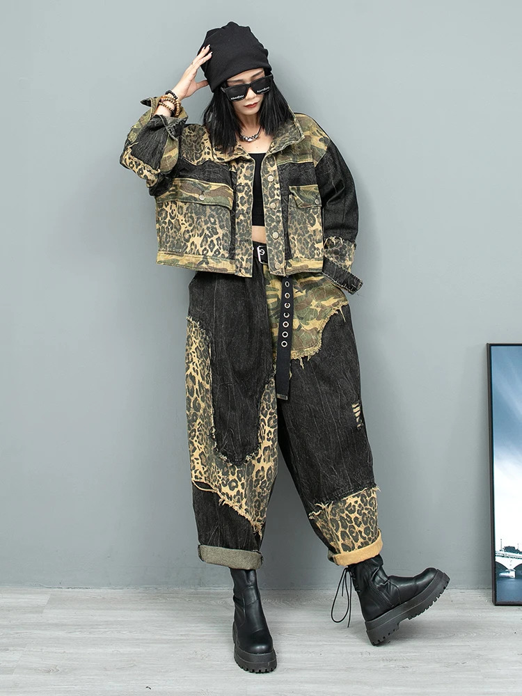 Personalized Contrasting Color Leopard Print Stitching Distressed Denim Jacket Harem Pants Two-piece Set Womens Autumn 240807