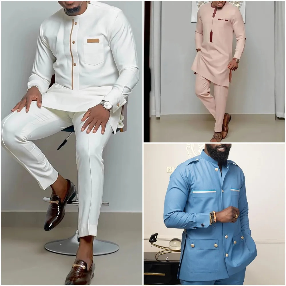 Kaftan Mens Kaunda Suit Round Neck Long-sleeved Top Pant African Male Traditional Outfit Wear 2PCS Clothing Wedding Sets Casual 240806