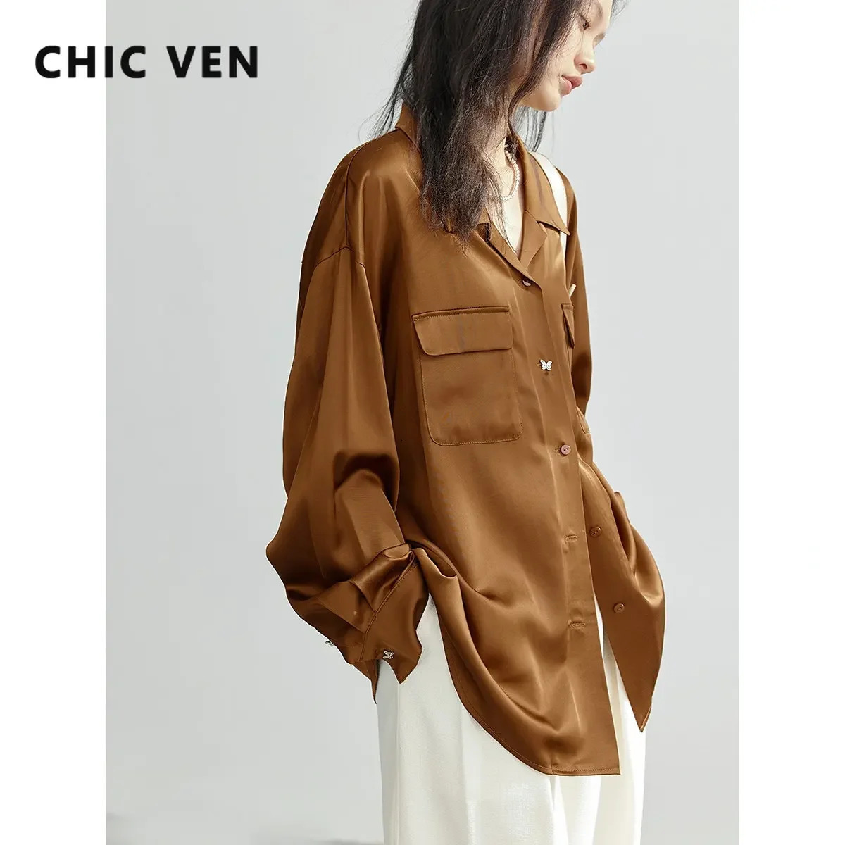 CHIC VEN Women Blouses Korean Loose Butterfly Button Office Ladies Elegant Shirt Solid Long Sleeve Tops Spring Summer 240807