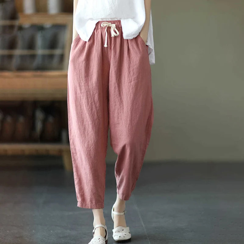 Rimocy Summer Casual Cotton Linen Pants Women Retro Pockets Loose Harem Pants Woman Solid Elastic Waist Trousers Female 240807