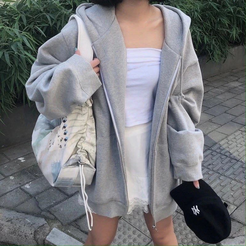 Oversize Women Hoodies Casual Solid Zip Up Hooded Sweatshirt Harajuku Korean Loose Couple Hoodie Jacket Coat Streetwear 240807